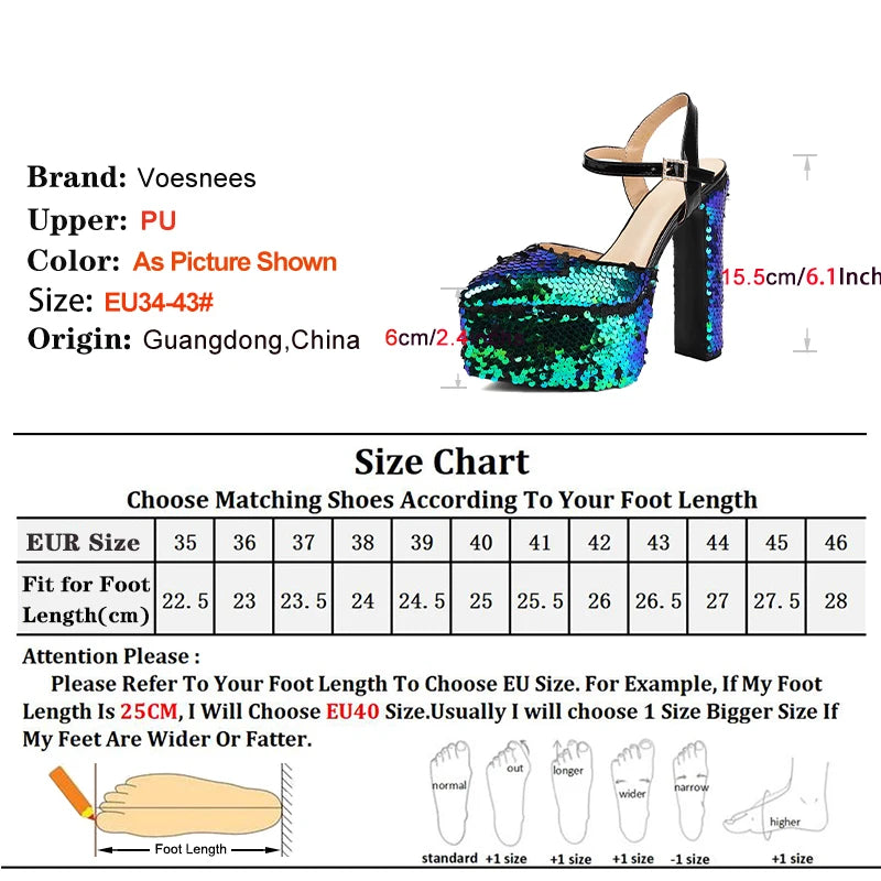 Bling Sequin Sandals Women Stage Show Buckle Strap High Heels Summer Thick Platform Ladies Shoes Nightclub Sandalias De Mujer