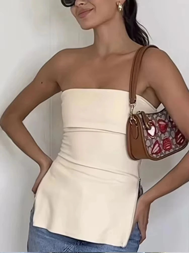 HH Summer Women Sexy Corset Tops Elegant Solid Tube Crop Top Side Zipper Slim Office Lady Off Shoulder Bustier Top Streetwear