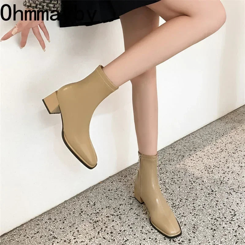 2026 Autumn Winter Design Heel Ankle Boot Fashion Square Toe Zipper Ladies Casual Chelsea Boots Shoes Soft Leather Short Boot