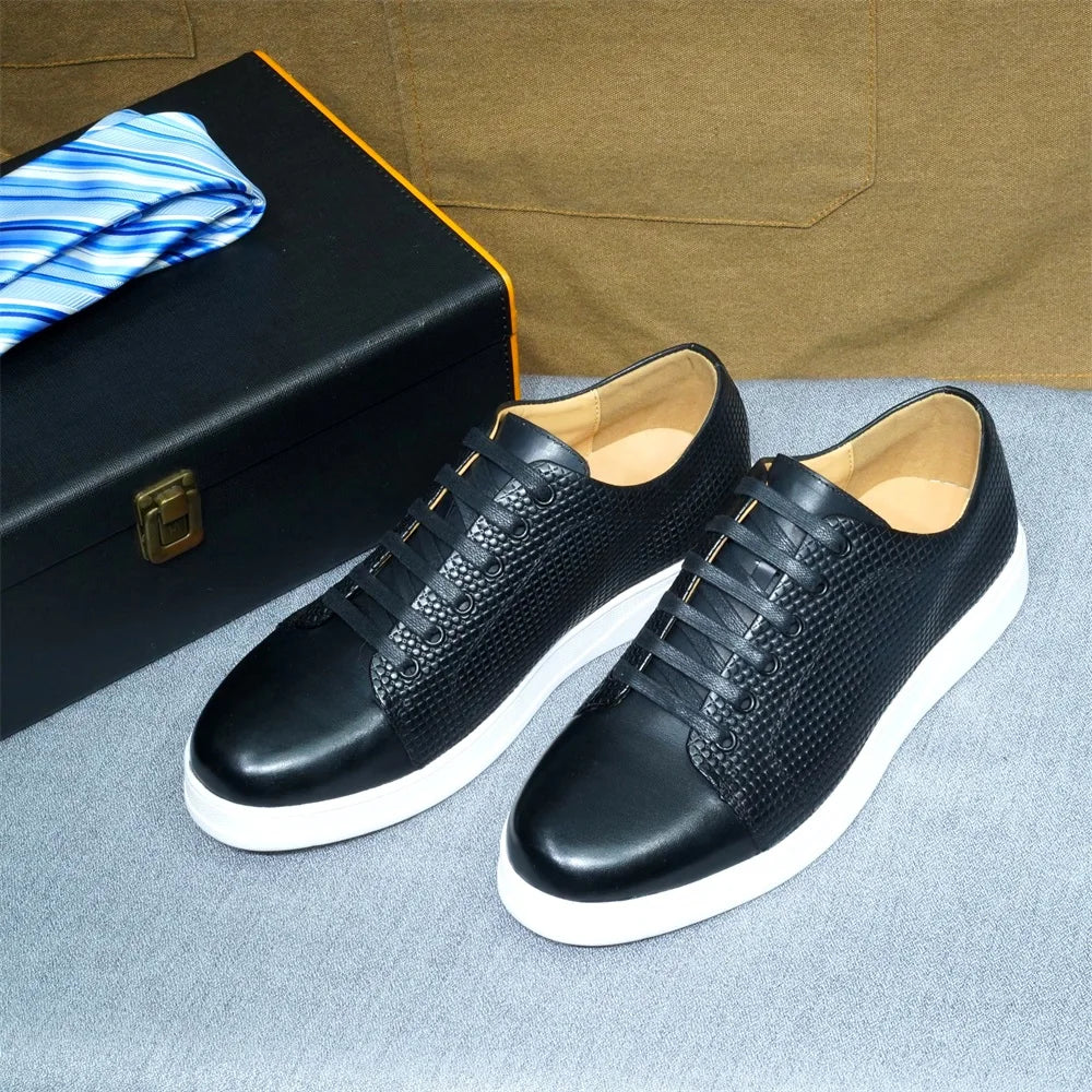 Classic Brand Designer Genuine Leather Men's Casual Sneaker Shoes Lace-Up Plaid Print Comfortable Flats Derby Shoes for Men