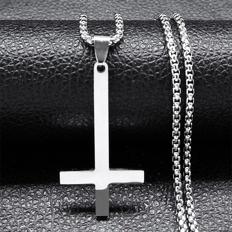 Stainless Steel Upside Down Cross Witchcraft Pagan Necklace Inverted Cross Black Chain Necklace Jewelry cruz invertida N8374S03