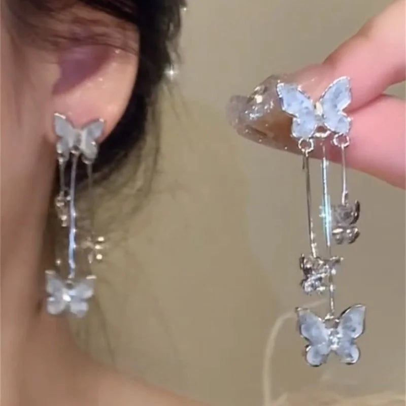 New Trendy Green Zircon Butterfly Earrings for Women Light Luxury Sweet Long Tassel Earrings Aesthetics Wedding Party Jewelry