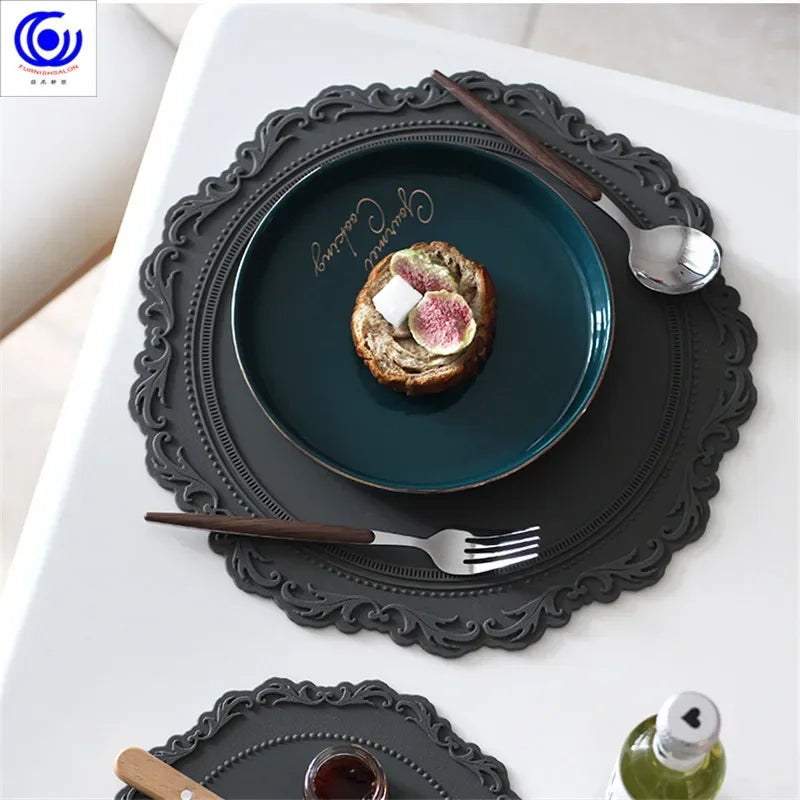 ins retro baroque relief banquet silicone lace placemat thermal insulation anti-scalding plate bowl vase mat