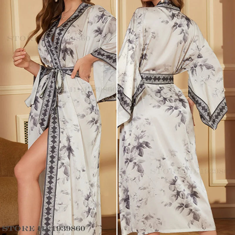 Spring Summer Female Sleepwear Long Robe Print Flower Kimono Bathrobe Gown Night Dress Casual Silk Satin Women's Home Clothing