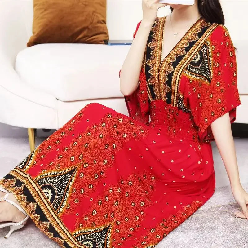 Vestidos Para Mujer Rope Robe Dress Women Casual Elegant Retro Bohemian V Neck Boho Korean Printed Summer Long Dresses Clothes
