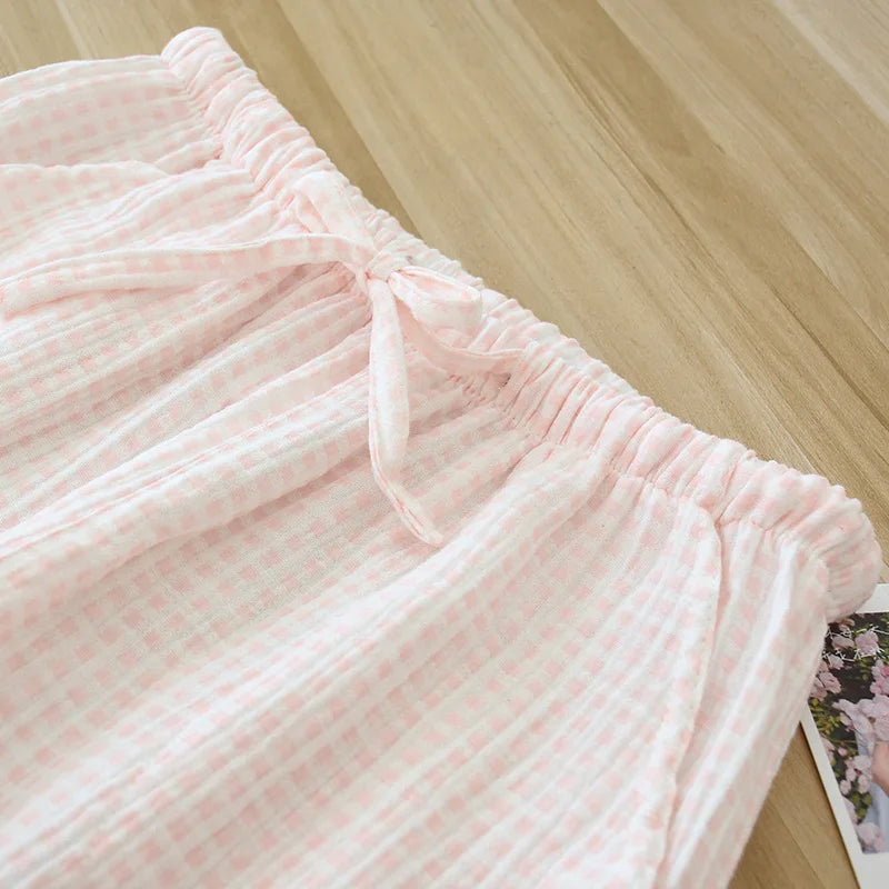 New Spring Summer Japanese Women's Pajamas 100%Cotton Crepe Small Plaid Loose Girls' Pants Household Pants Thin Size Large pants