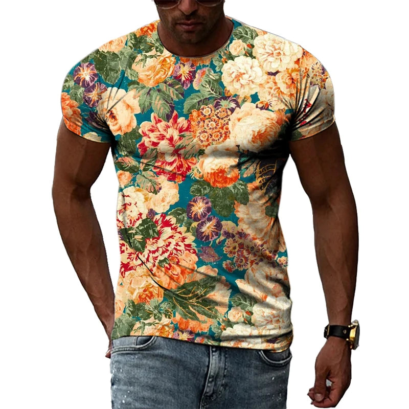 Summer New Men's Floral Pattern 3D T-shirt Street Hip Hop Personality Print Tops Trendy Fashion Round Neck Short Sleeve Clothing