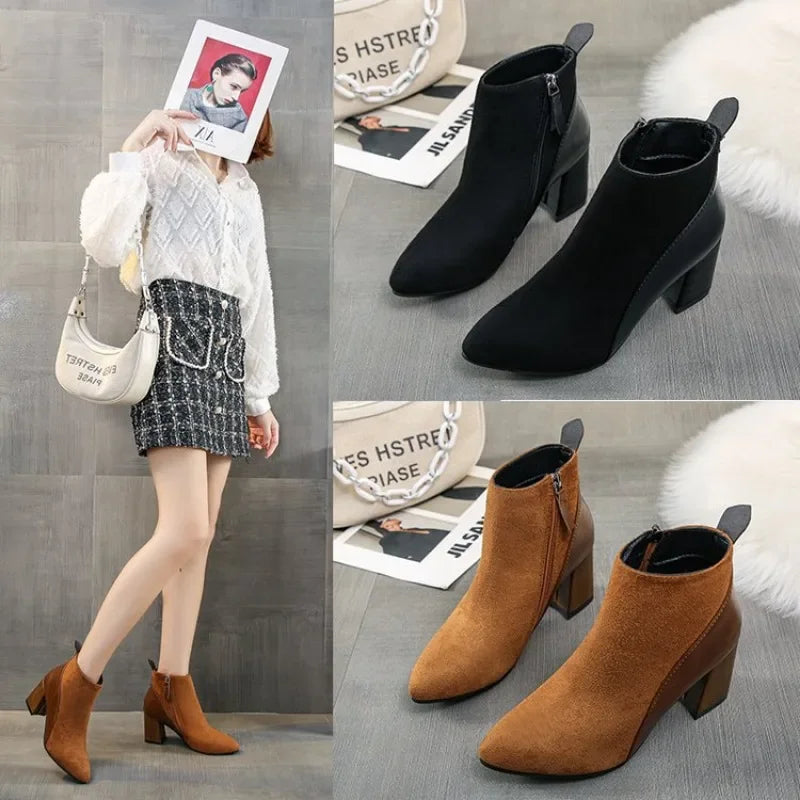 2026 Autumn/Winter Women Ankle Boots Pointed Fashion Short Boots Suede Panel Side Zipper Thick Heels Women's Shoes Large 44