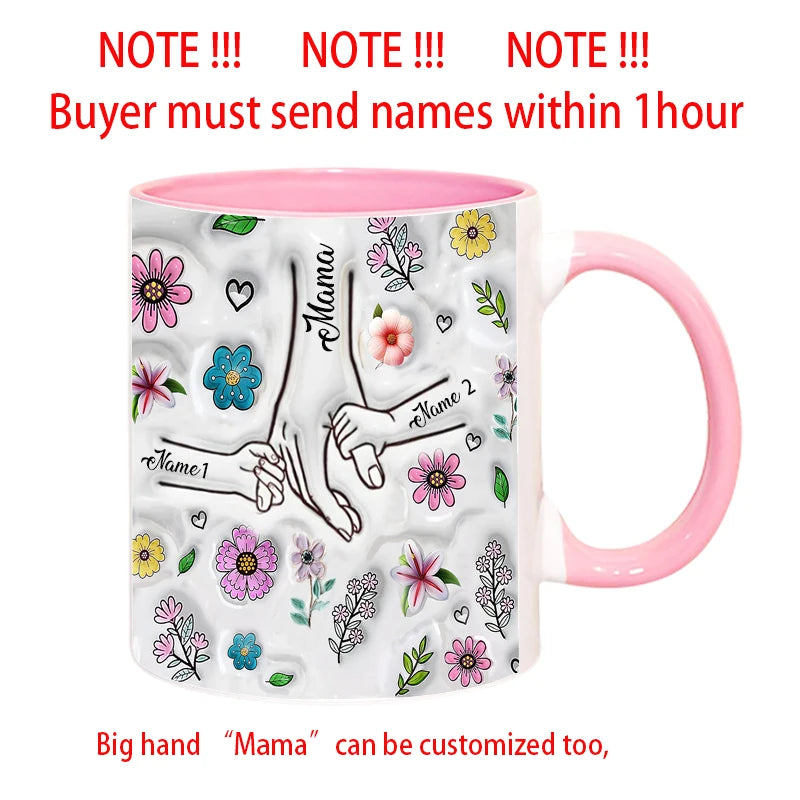 Personalized Kids Names Mug Customize 3D Effect Printing WITH Flowers Cup Holding Hands Coffee Mugs Mother's Day Gifts
