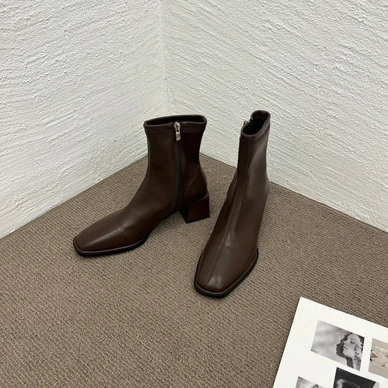 2026 Autumn Winter Design Heel Ankle Boot Fashion Square Toe Zipper Ladies Casual Chelsea Boots Shoes Soft Leather Short Boot