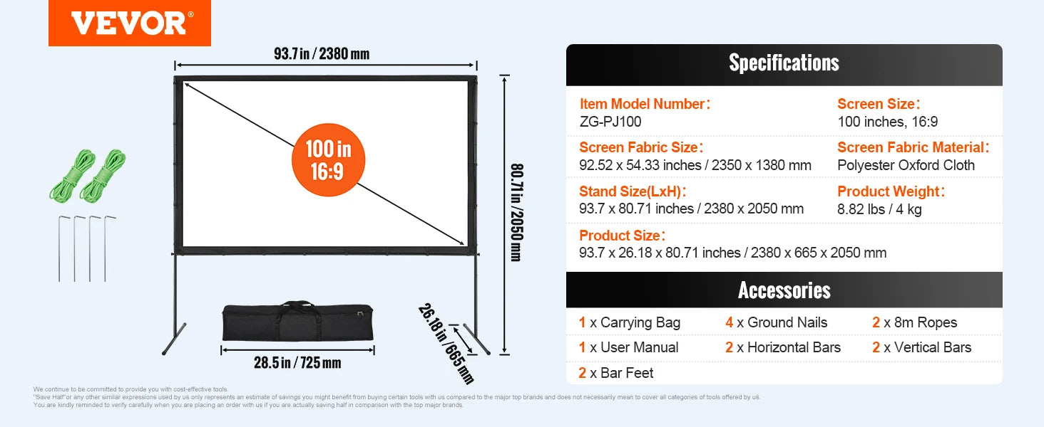 VEVOR Projector Screen with Stand 100 120 150 inch 16:9 4K 1080 HD Portable Projection Screen for Home Office Theater Cinema