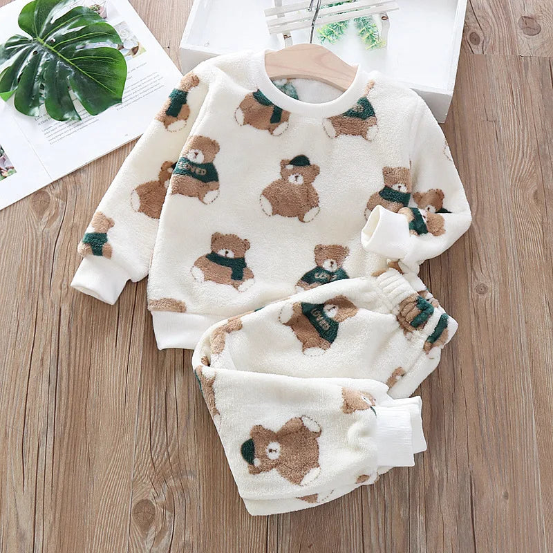 Baby Flannel Home Wear Set Infant Toddler Pajamas Boys Girls Thicken Coral Velvet Cartoon Pattern Top +Pants Two-piece Suit