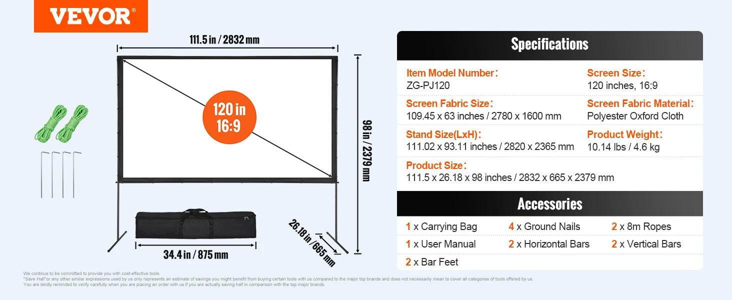 VEVOR Projector Screen with Stand 100 120 150 inch 16:9 4K 1080 HD Portable Projection Screen for Home Office Theater Cinema