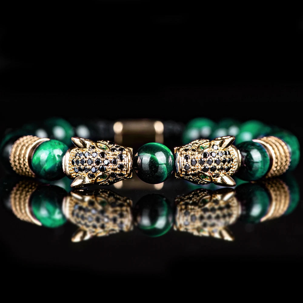 New Trend Double Leopard head Handmade tiger's-eye Bracelets  Accessories Handmade Men's Jewelry Pulseras homme