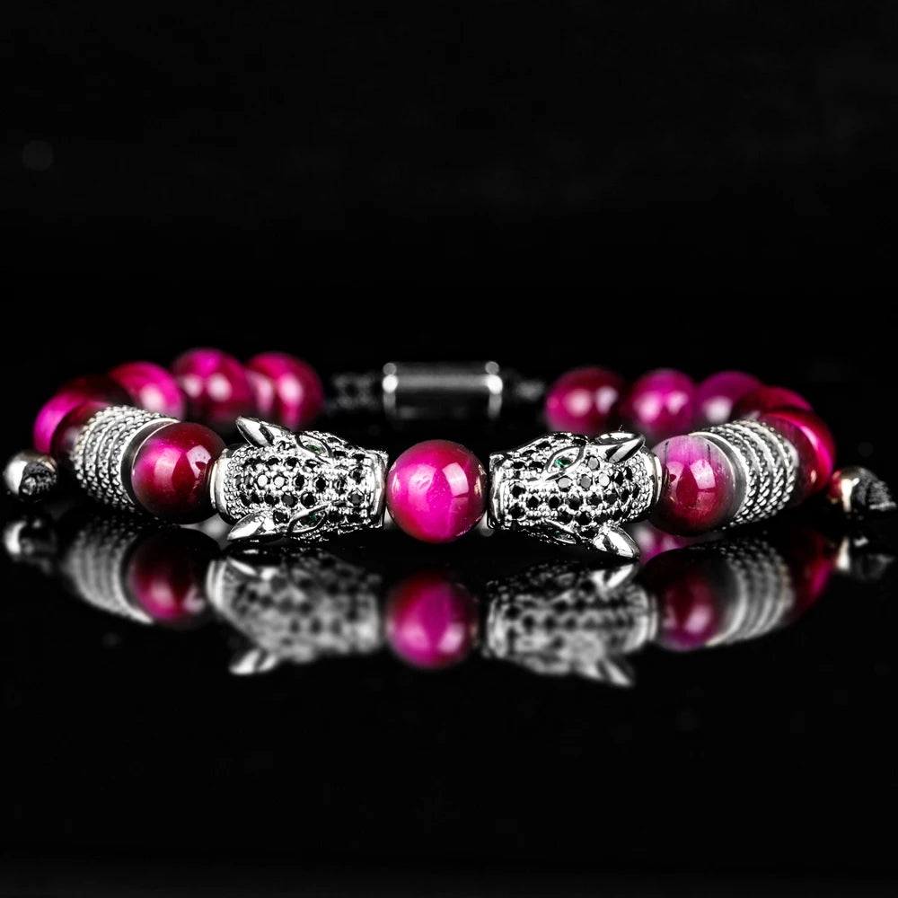 New Trend Double Leopard head Handmade tiger's-eye Bracelets  Accessories Handmade Men's Jewelry Pulseras homme