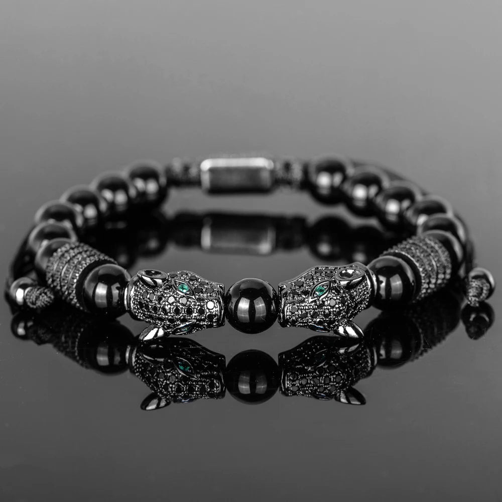 New Trend Double Leopard head Handmade tiger's-eye Bracelets  Accessories Handmade Men's Jewelry Pulseras homme