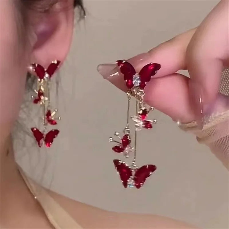 New Trendy Green Zircon Butterfly Earrings for Women Light Luxury Sweet Long Tassel Earrings Aesthetics Wedding Party Jewelry