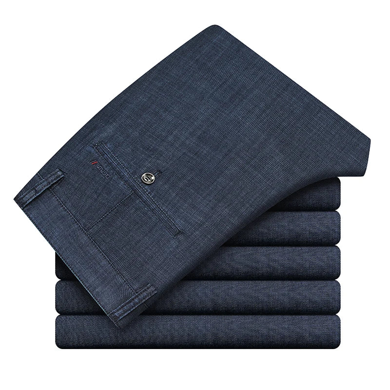 SHAN BAO spring summer brand fit straight thin modal denim jeans business casual men's high waist lightweight stretch pants