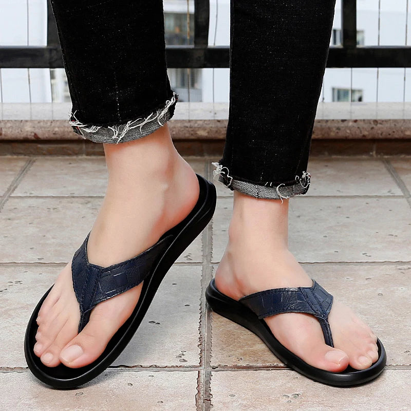 High Quality Brand Men Genuine Cow Leather Flip Flops Summer Beach Fashion Breathable Casual Black Slippers Outdoor Water Shoes