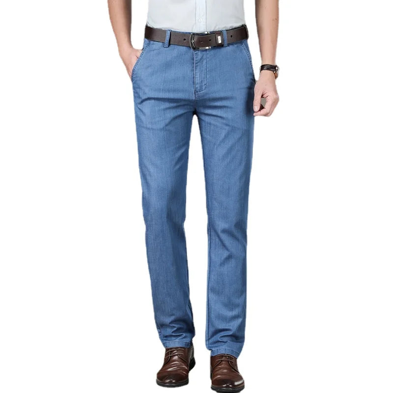 SHAN BAO spring summer brand fit straight thin modal denim jeans business casual men's high waist lightweight stretch pants
