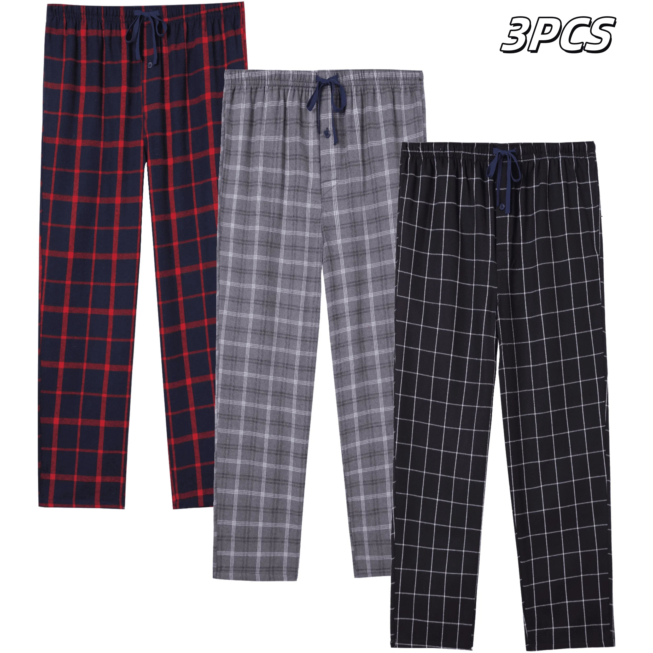 JupiterSecret 3pcs Men's Pajama Pants Autumn/Winter Flannel Cotton Plaid Sleep & Lounge PJ Bottoms with Pockets and Button Fly