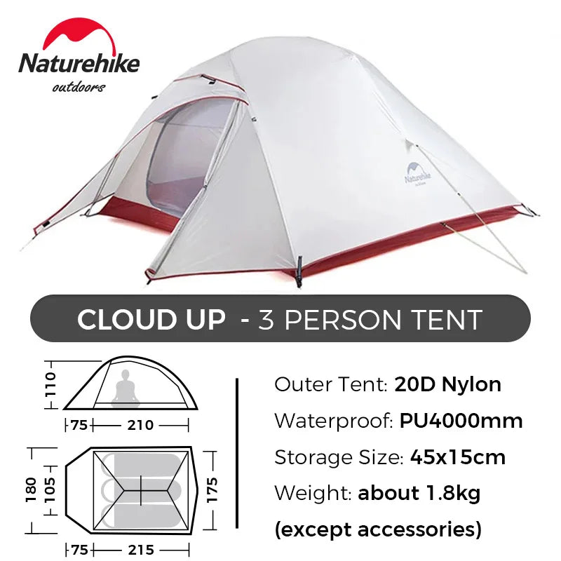 Naturehike Cloud Up 3 Person Ultralight Tent Waterproof Outdoor Hiking Cycling Backpacking Tent 20D Beach Camping Tents with Mat