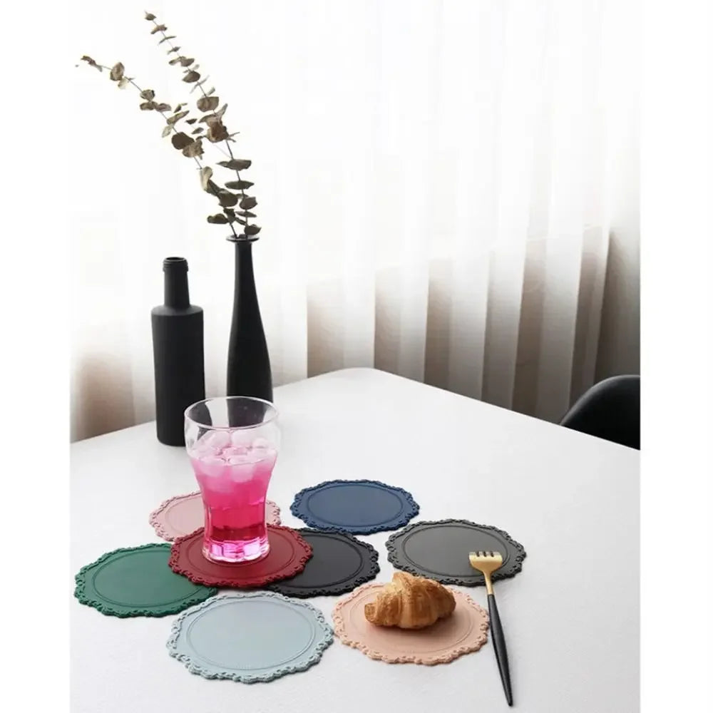 2pcs Lace Round Tableware Pad Silicone Coaster Cup Mat Non-slip Placemat