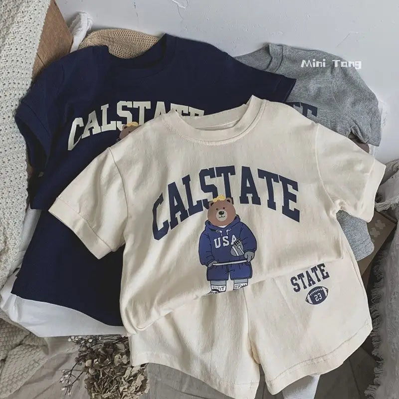 New Child Cartoon Letter Bear Tshirt+Shorts 2Piece Set Solid Color Tracksuits Summer Kids Short Sleeve Outfits Baby Thin Suit
