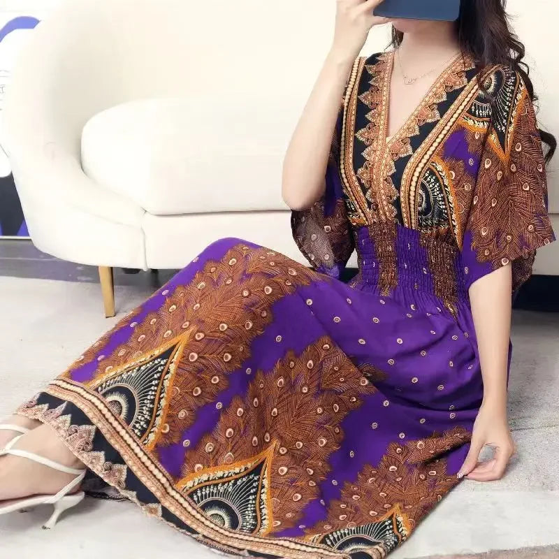Vestidos Para Mujer Rope Robe Dress Women Casual Elegant Retro Bohemian V Neck Boho Korean Printed Summer Long Dresses Clothes