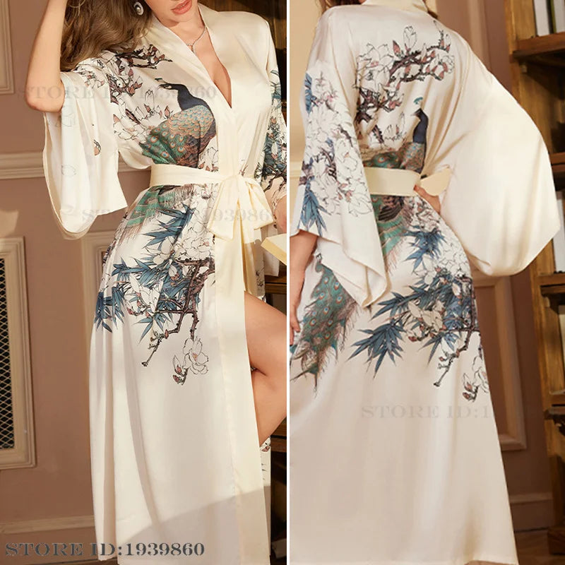 Spring Summer Female Sleepwear Long Robe Print Flower Kimono Bathrobe Gown Night Dress Casual Silk Satin Women's Home Clothing