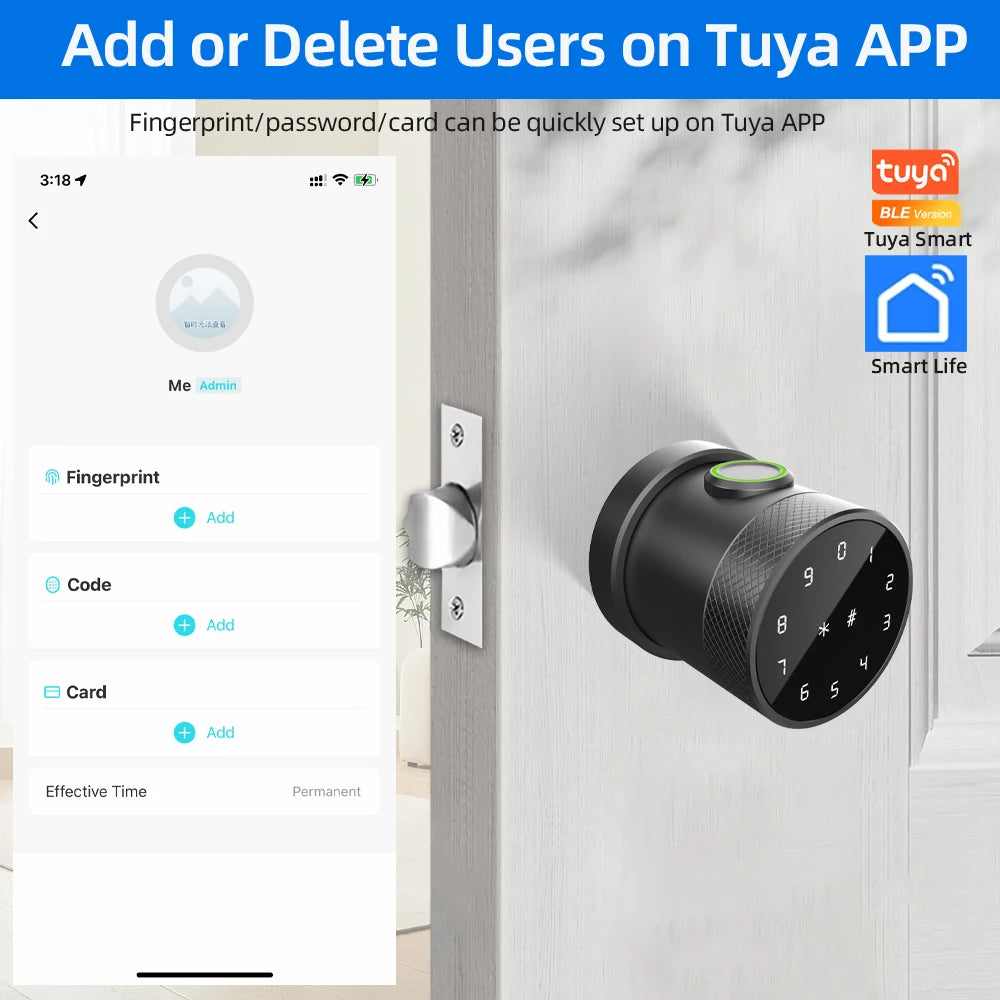 RAYKUBE L16A Tuya Bluetooth Smart Fingerprint Deadbolt Lock Keyless Round Knob Digital Electric Lock with APP/Key/Code Unlock