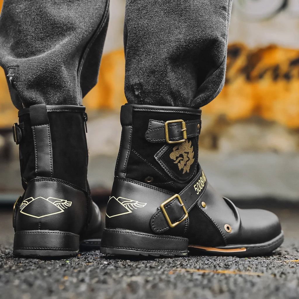 Luxury Men's Boots 2025New Handmade Ankle Boots Men Metal Buckle Zipper Motorcycle Boots Men Outdoor High Top Punk Shoes for Men