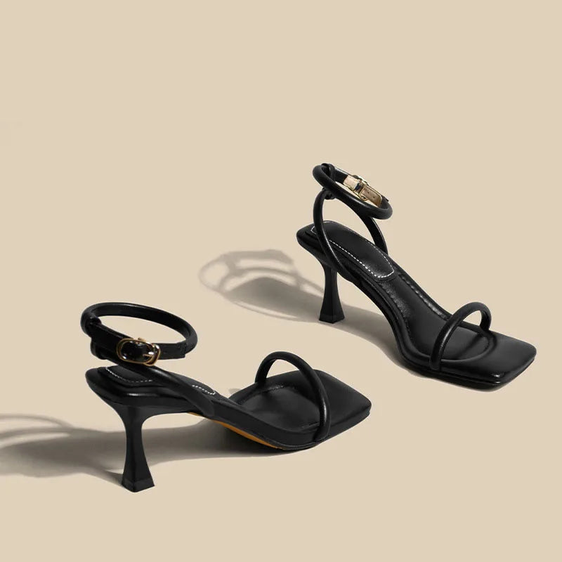 Fashion Black Ankle-Strap Buckle Sandal Summer Square Toe Ladies Stiletto High Heel Shoes Sexy Solid Thin Band Sandalias