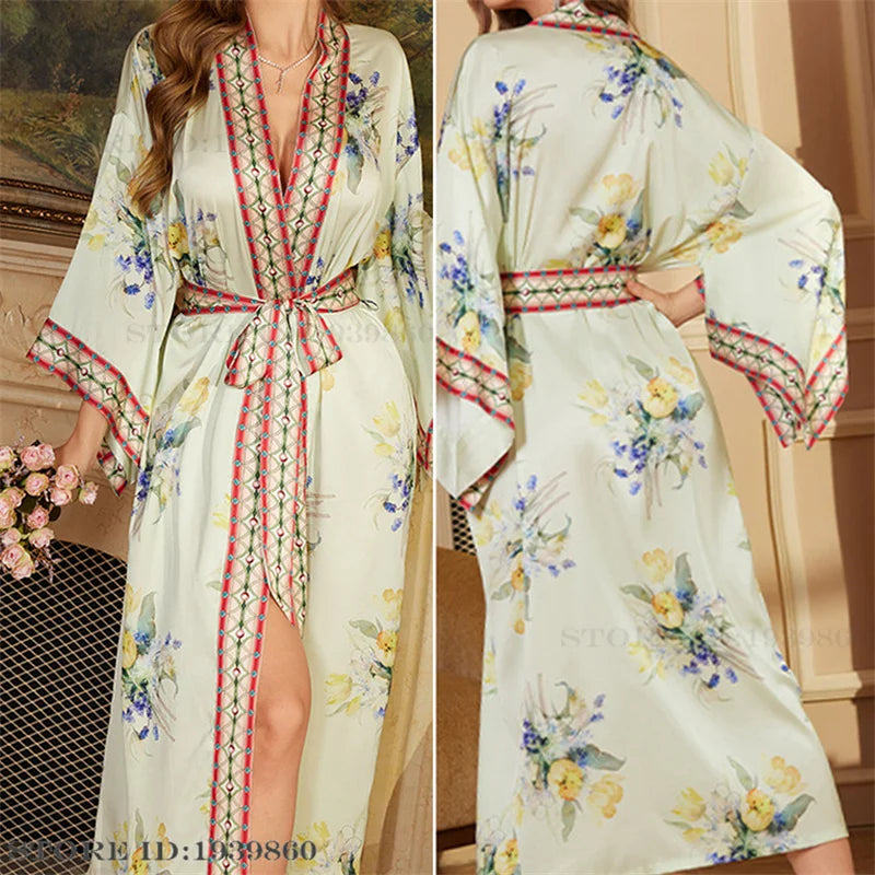 Spring Summer Female Sleepwear Long Robe Print Flower Kimono Bathrobe Gown Night Dress Casual Silk Satin Women's Home Clothing