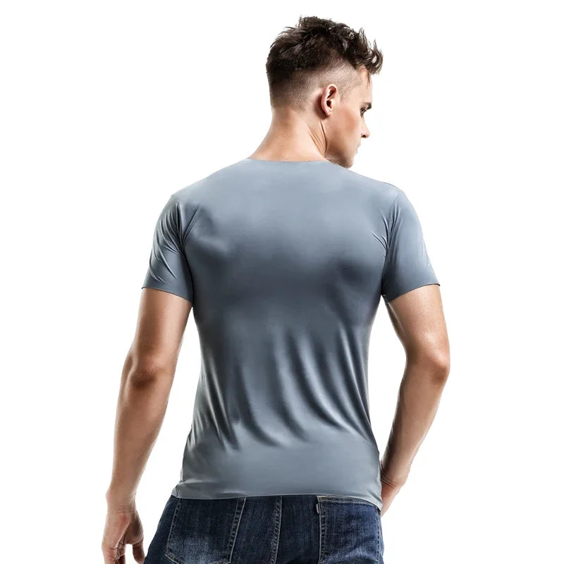2PC Summer Ice Silk seamless men's short-sleeved white T-shirt with round neck, half-sleeved top, thin base layer, slim underwea