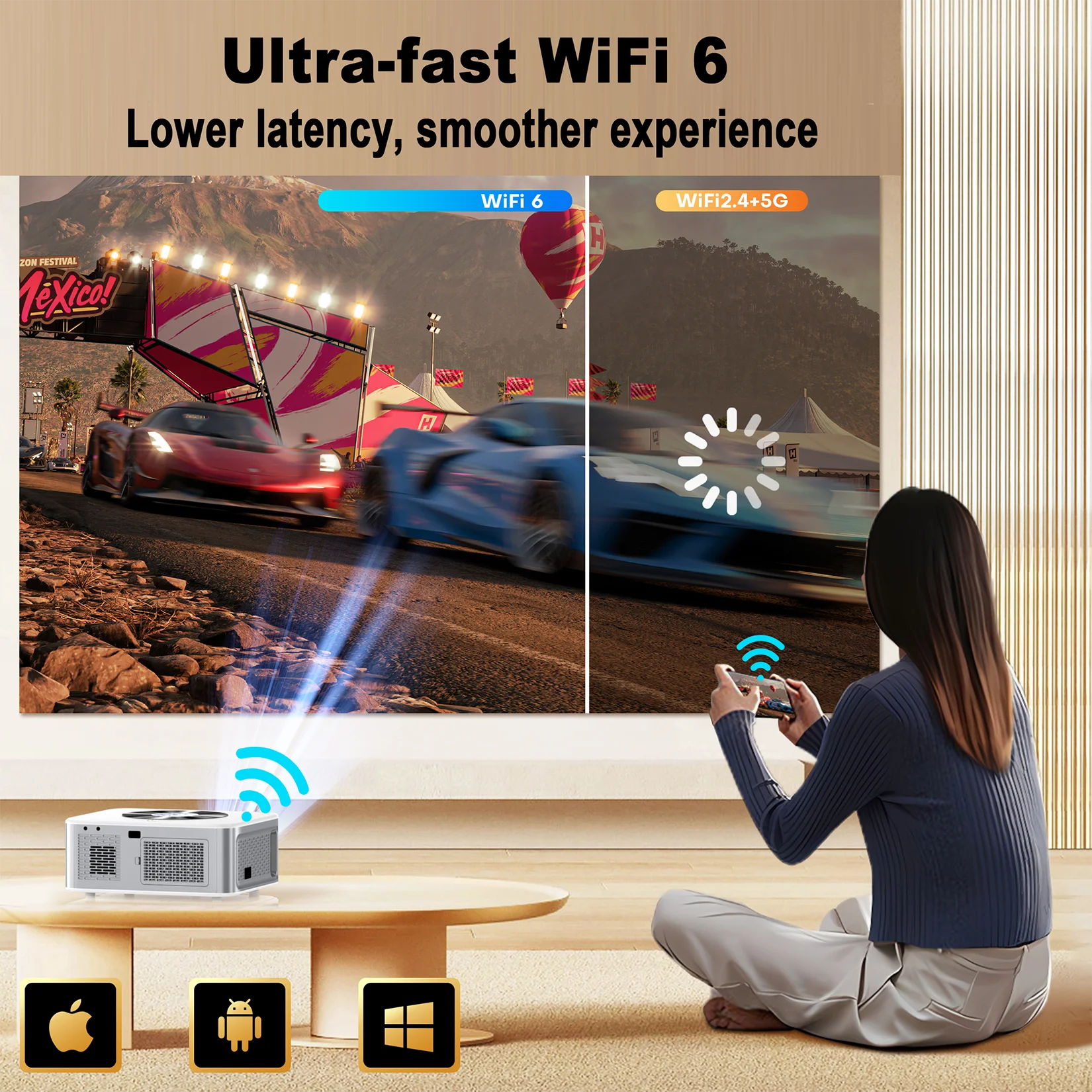 XIWBSY 1000Ansi AutoFocus Projector Bluetooth5.2 Android Projector 4K 8K Decode Video Audio Home Theater Portable Proyector