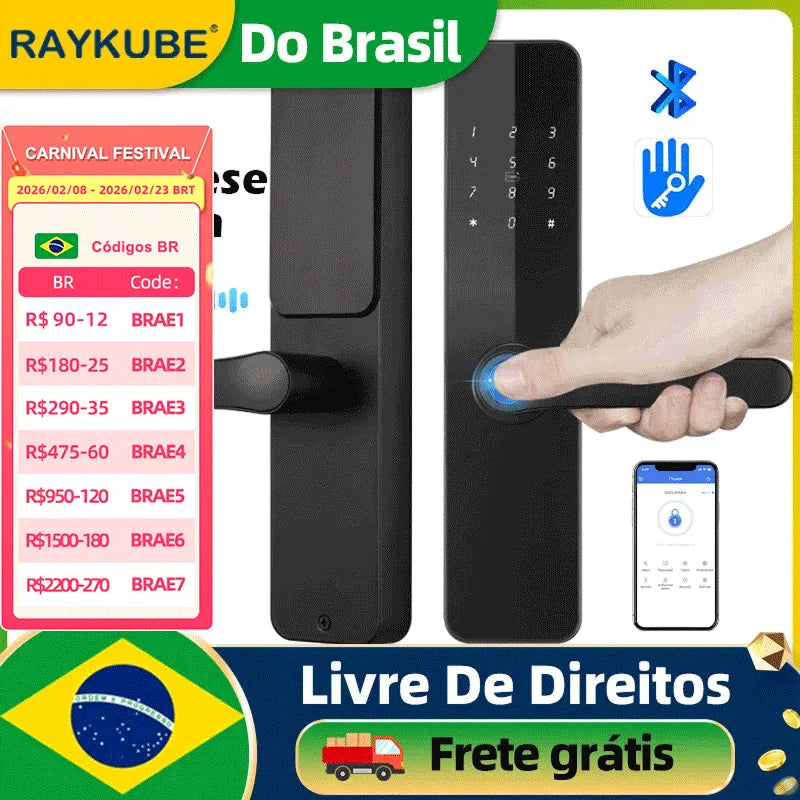 Do Brasil RAYKUBE F7 TT Lock Bluetooth Fingerprint Electric Door Lock Portuguese/English Voice Version With Longer Larger Handle