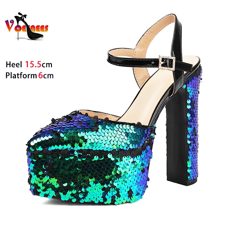 Bling Sequin Sandals Women Stage Show Buckle Strap High Heels Summer Thick Platform Ladies Shoes Nightclub Sandalias De Mujer