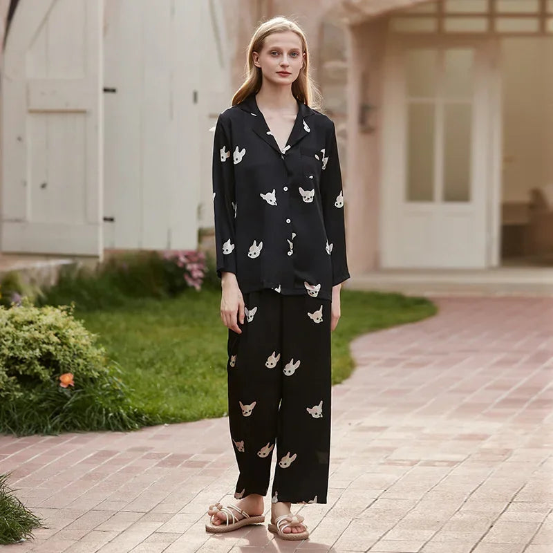 Spring and Summer 2023 New Ice Silk Pajamas Women's Long-sleeved Silk Lapel Home Suit Fashionable Ins Style