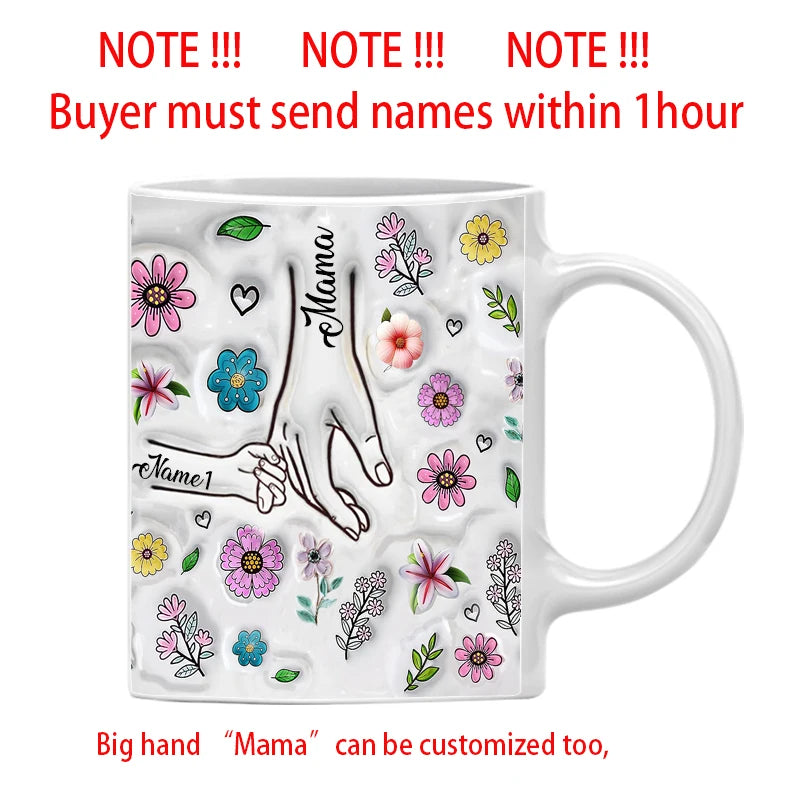 Personalized Kids Names Mug Customize 3D Effect Printing WITH Flowers Cup Holding Hands Coffee Mugs Mother's Day Gifts