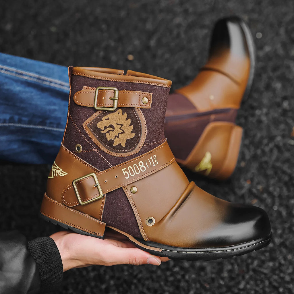 Luxury Men's Boots 2025New Handmade Ankle Boots Men Metal Buckle Zipper Motorcycle Boots Men Outdoor High Top Punk Shoes for Men
