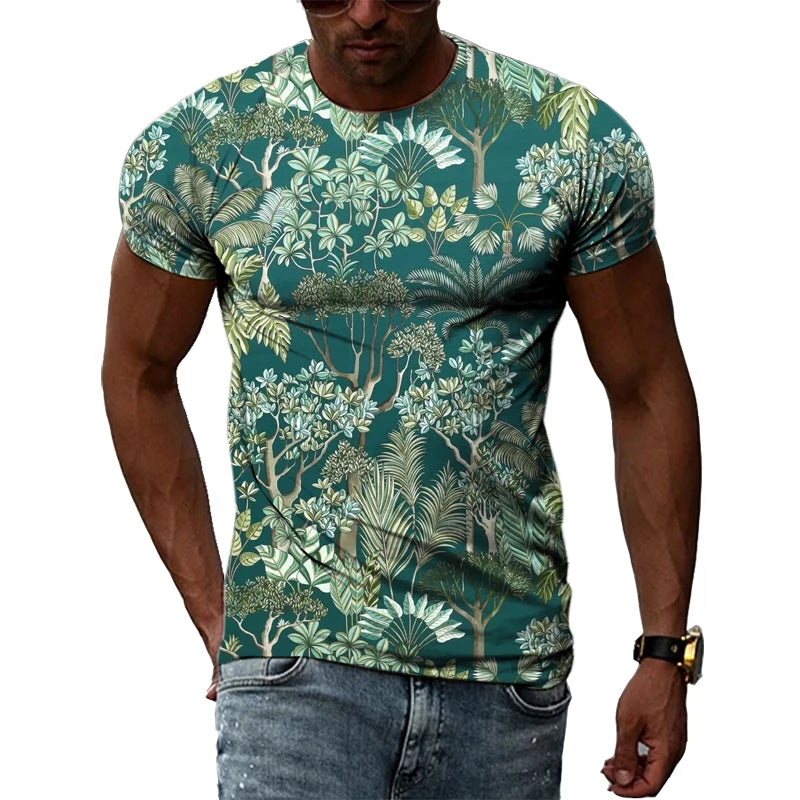 Summer New Men's Floral Pattern 3D T-shirt Street Hip Hop Personality Print Tops Trendy Fashion Round Neck Short Sleeve Clothing