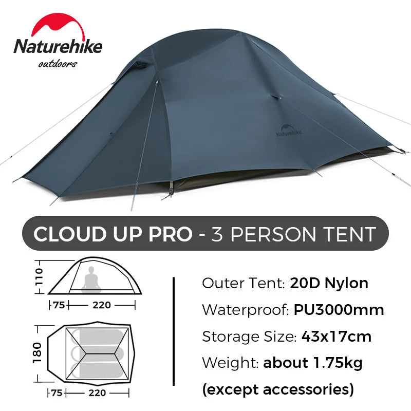 Naturehike Cloud Up 3 Person Ultralight Tent Waterproof Outdoor Hiking Cycling Backpacking Tent 20D Beach Camping Tents with Mat