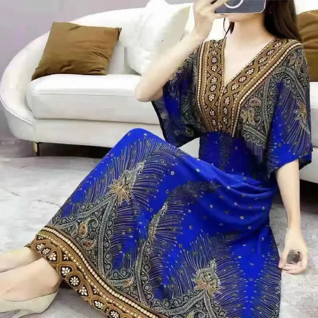 Vestidos Para Mujer Rope Robe Dress Women Casual Elegant Retro Bohemian V Neck Boho Korean Printed Summer Long Dresses Clothes
