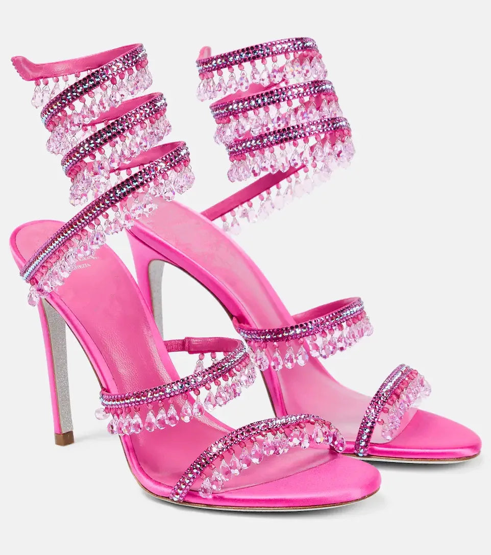 2025 Summer New Colored Diamond Women's High Heel Sandals Water Diamond Fashion Silver Sole Party Party Party High Heel Shoes