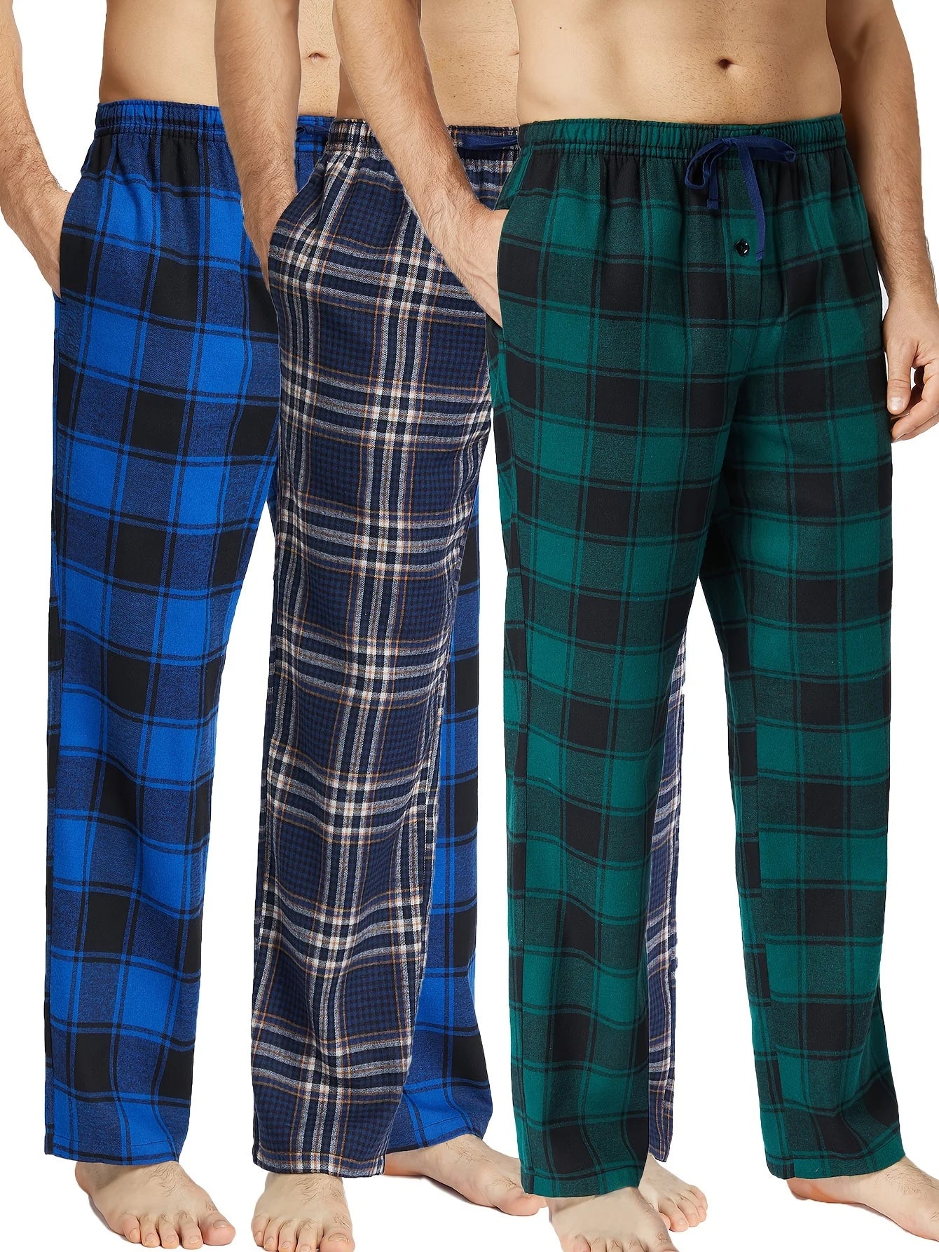 JupiterSecret 3pcs Men's Pajama Pants Autumn/Winter Flannel Cotton Plaid Sleep & Lounge PJ Bottoms with Pockets and Button Fly
