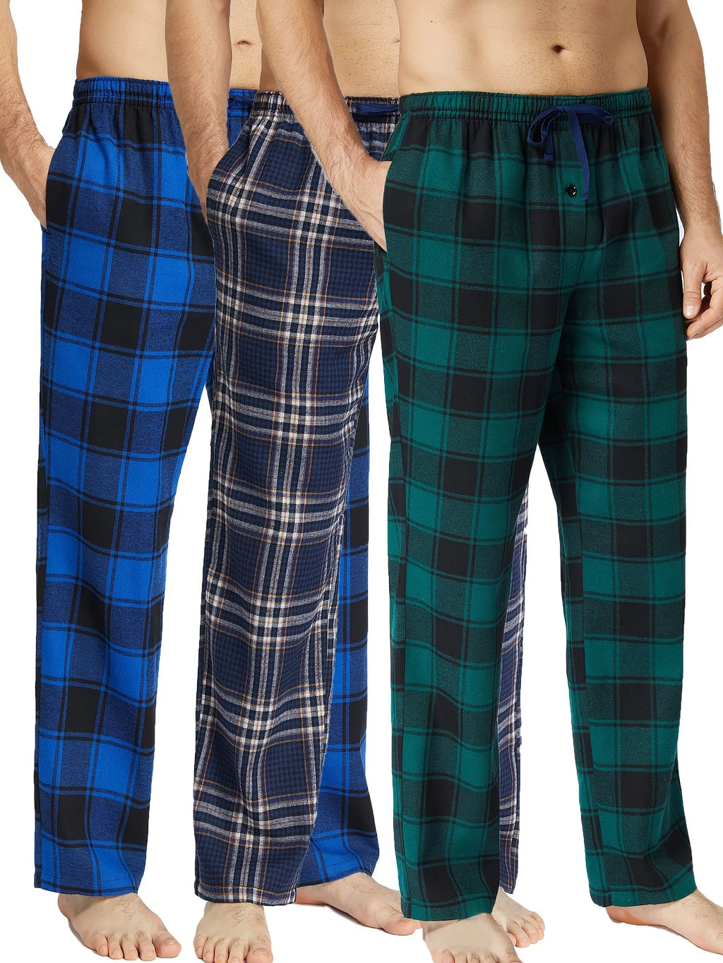 JupiterSecret 3pcs Men's Pajama Pants Autumn/Winter Flannel Cotton Plaid Sleep & Lounge PJ Bottoms with Pockets and Button Fly