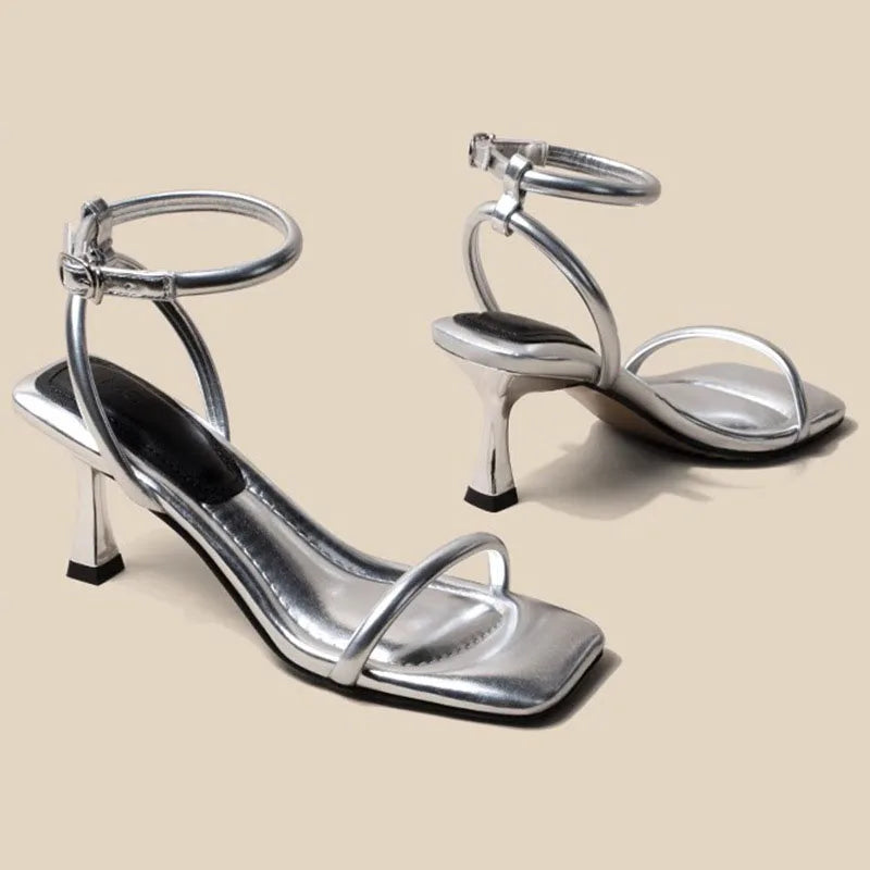 Fashion Black Ankle-Strap Buckle Sandal Summer Square Toe Ladies Stiletto High Heel Shoes Sexy Solid Thin Band Sandalias