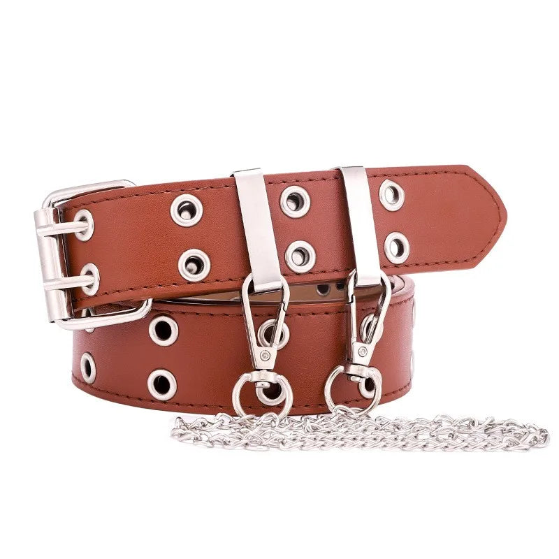 Women's Belt Trend Double Ring Belt Double Hole Eyelet Grommet Leather Buckle Punk Pin Belt Leisure Dress Jeans Gothic Waistband
