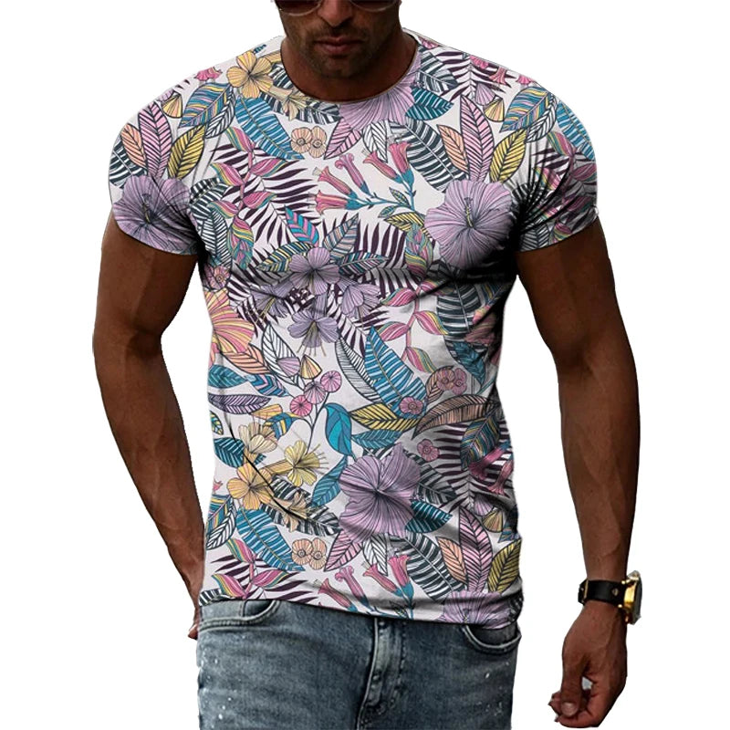 Summer New Men's Floral Pattern 3D T-shirt Street Hip Hop Personality Print Tops Trendy Fashion Round Neck Short Sleeve Clothing